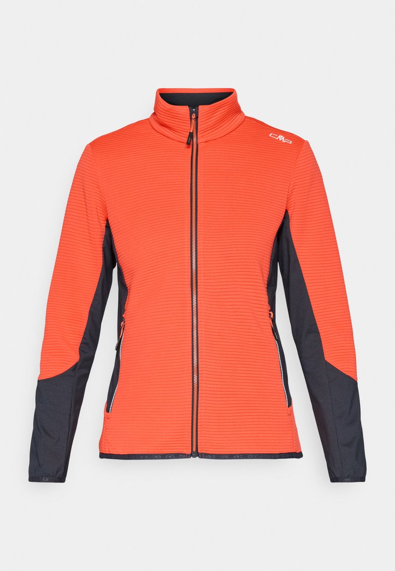 Oranger Reißverschluss-Jacke mit geripptem Textur, schwarzen Seiteneinsätzen, hohem Kragen und Taschen. Verfügt über kontrastierende Farben und eine glatte Stoffoberfläche.