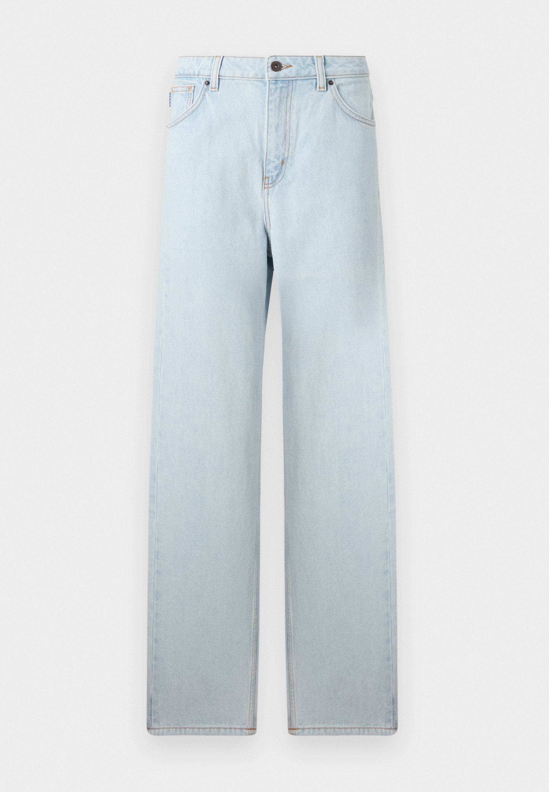 Helle blaue, weite Jeans mit hoher Taille, Taschen vorne und Knopfverschluss. Glatte Denim-Textur, minimaler Verblassungsgrad, gerades Bein-Design.