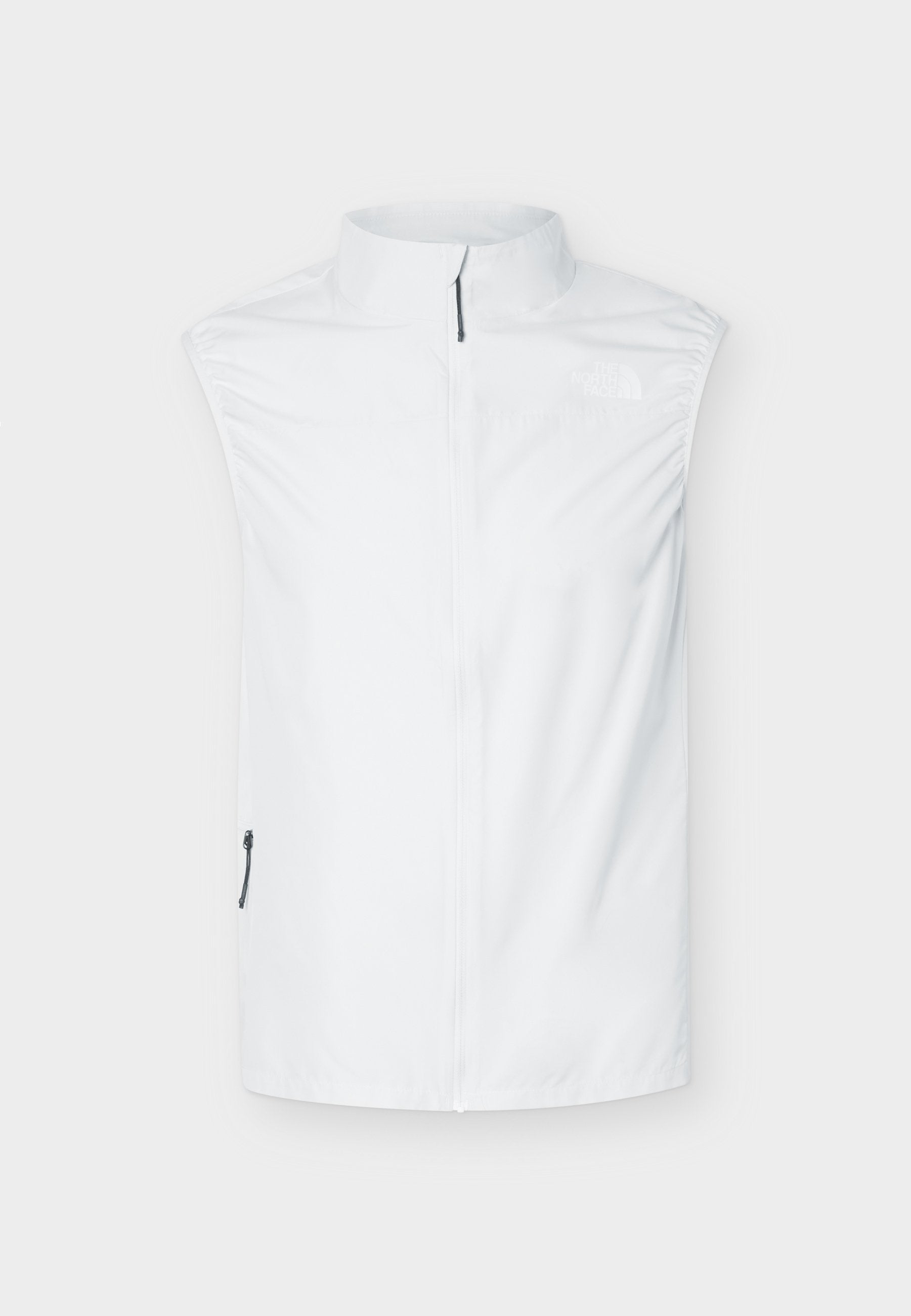 Weißes ärmelloses Zip-up-Weste mit hohem Kragen und Reißverschlusstasche an der Seite, gebrandet mit einem dezenten Logo auf der oberen linken Brust.