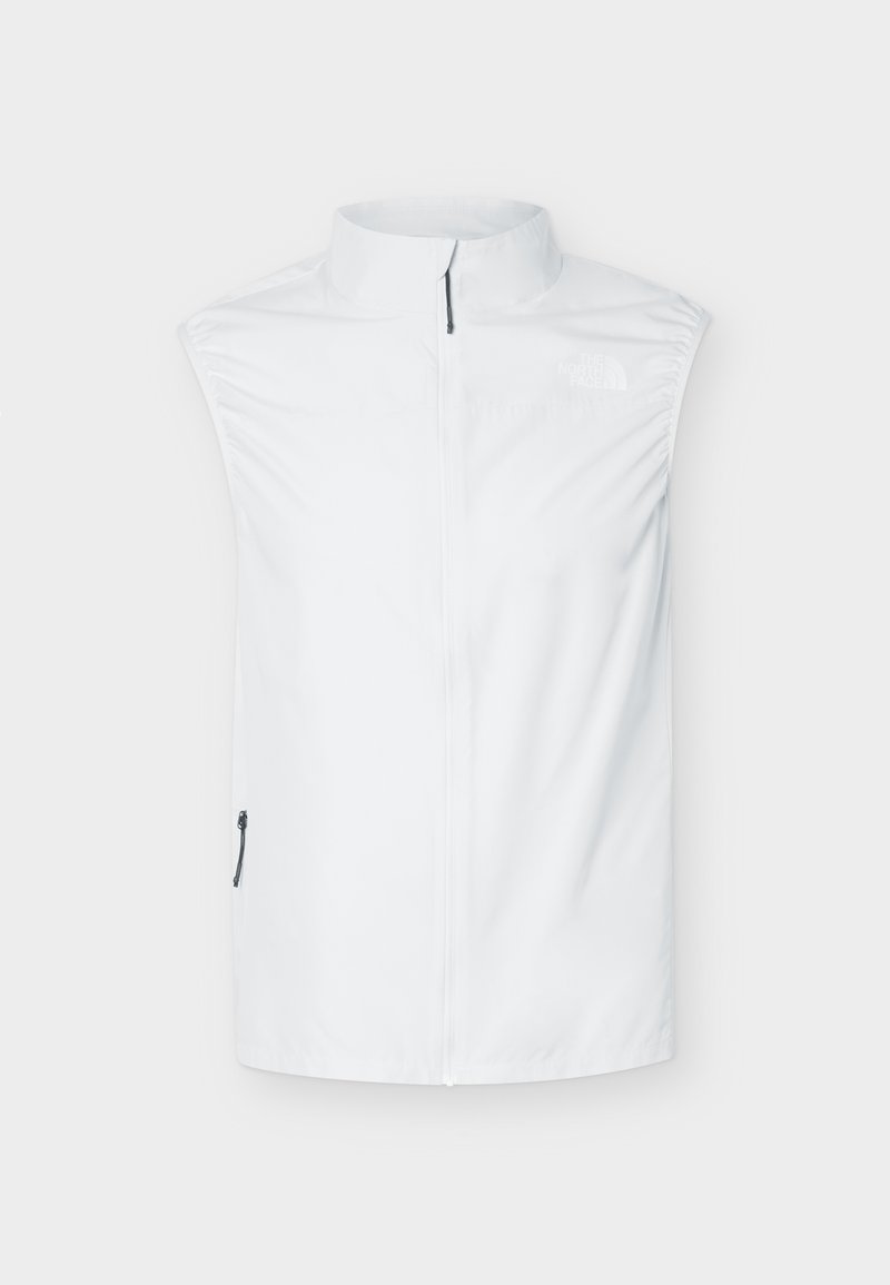 Weißes ärmelloses Zip-up-Weste mit hohem Kragen und Reißverschlusstasche an der Seite, gebrandet mit einem dezenten Logo auf der oberen linken Brust.