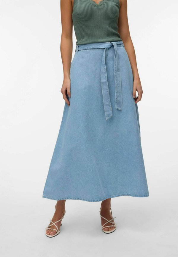 Vero Moda Denim VMJOLENE Mid rise Long - A-line skirt - light blue denim