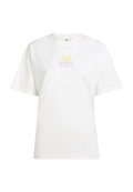 Weißes Baumwoll-T-Shirt mit kurzen Ärmeln, mit einem Frontlogo von Palmen und "O'Neill Surf Co." in Gelb und Lila.