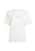 Weißes Baumwoll-T-Shirt mit kurzen Ärmeln, mit einem Frontlogo von Palmen und "O'Neill Surf Co." in Gelb und Lila.