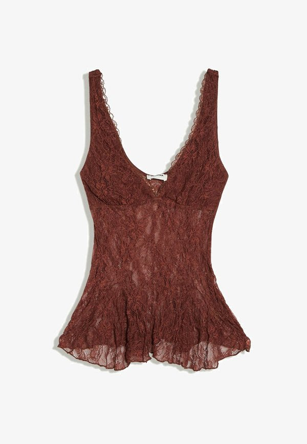 Bershka STRAPPY WITH LACE - TOP - Blouse - dark brown