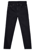 Schwarze Denim-Jeans mit hoher Taille, geradem Bein, fünf Taschen und einem kleinen Logopatch auf der Fronttasche. Glatte Textur.