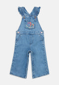 Jeans-Overall für Kinder mit gerafften Schultergurten und einer Fronttasche mit bunter Seepferdchen- und Blumenstickerei.