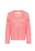 Rot-weißer gestreifter gestrickter Pullover mit V-Ausschnitt, überschnittenen Schultern und langen Ärmeln. Das Material wirkt weich und strukturiert.