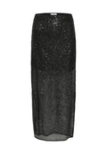 Schwarzer Pailletten-Maxi-Rock mit gerader Silhouette, der ein durchsichtiges Design und eine glatte Textur aufweist, geeignet für Abendgarderobe.