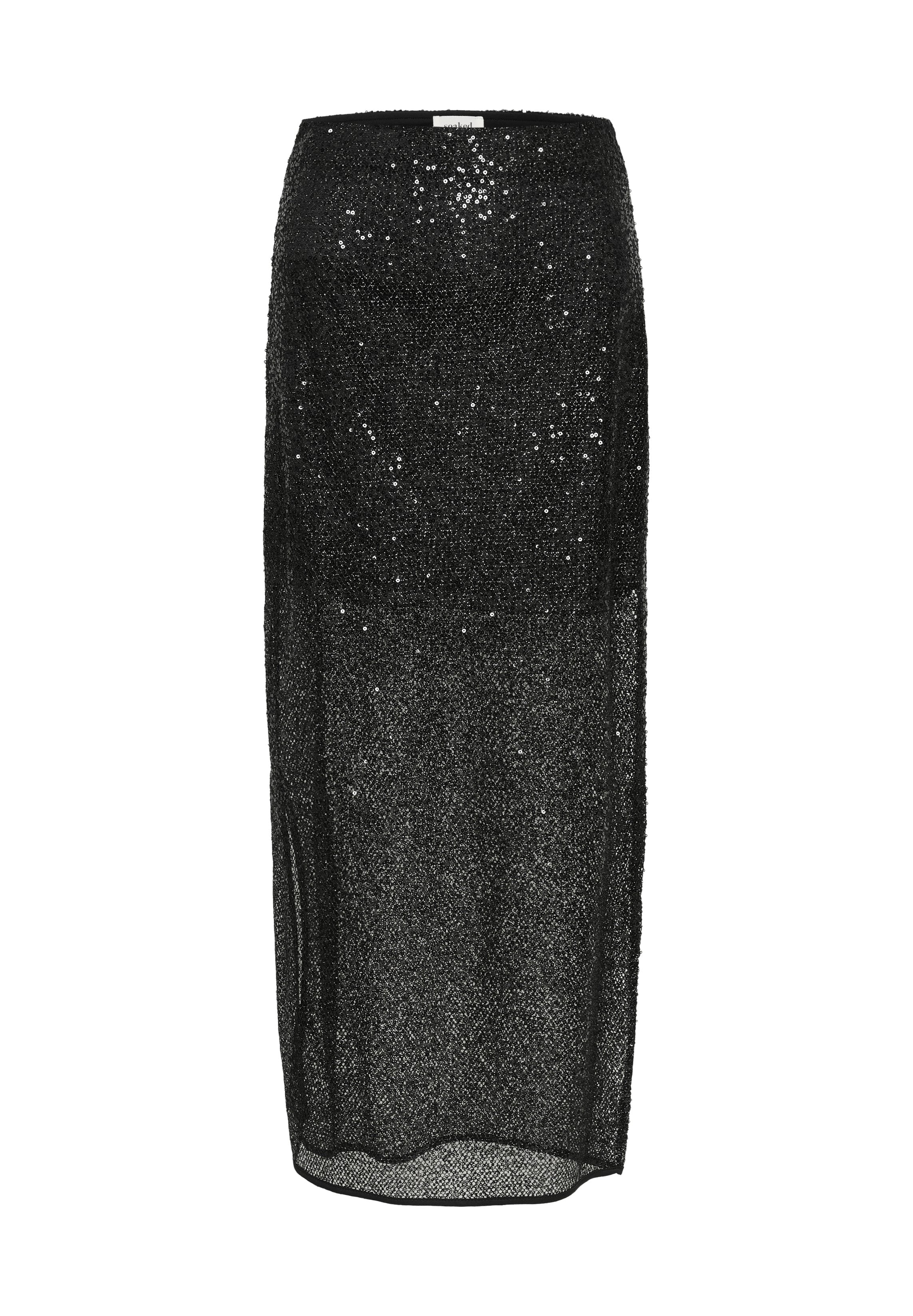 Schwarzer Pailletten-Maxi-Rock mit gerader Silhouette, der ein durchsichtiges Design und eine glatte Textur aufweist, geeignet für Abendgarderobe.
