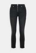 Schwarze Skinny-Jeans mit Reißverschluss und Taschen, ausgestattet mit einer glatten Denim-Oberfläche und Knöchelreißverschlüssen. Klassisches Design und figurbetonte Passform.