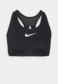 Schwarzer Sport-BH mit Rundhalsausschnitt und Racerback-Design. Merkmale ein weißes Nike-Logo, Mesh-Details und einen glatten, strukturierten Stoff.