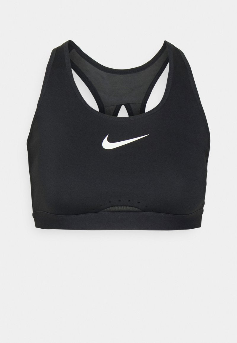 Schwarzer Sport-BH mit Rundhalsausschnitt und Racerback-Design. Merkmale ein weißes Nike-Logo, Mesh-Details und einen glatten, strukturierten Stoff.