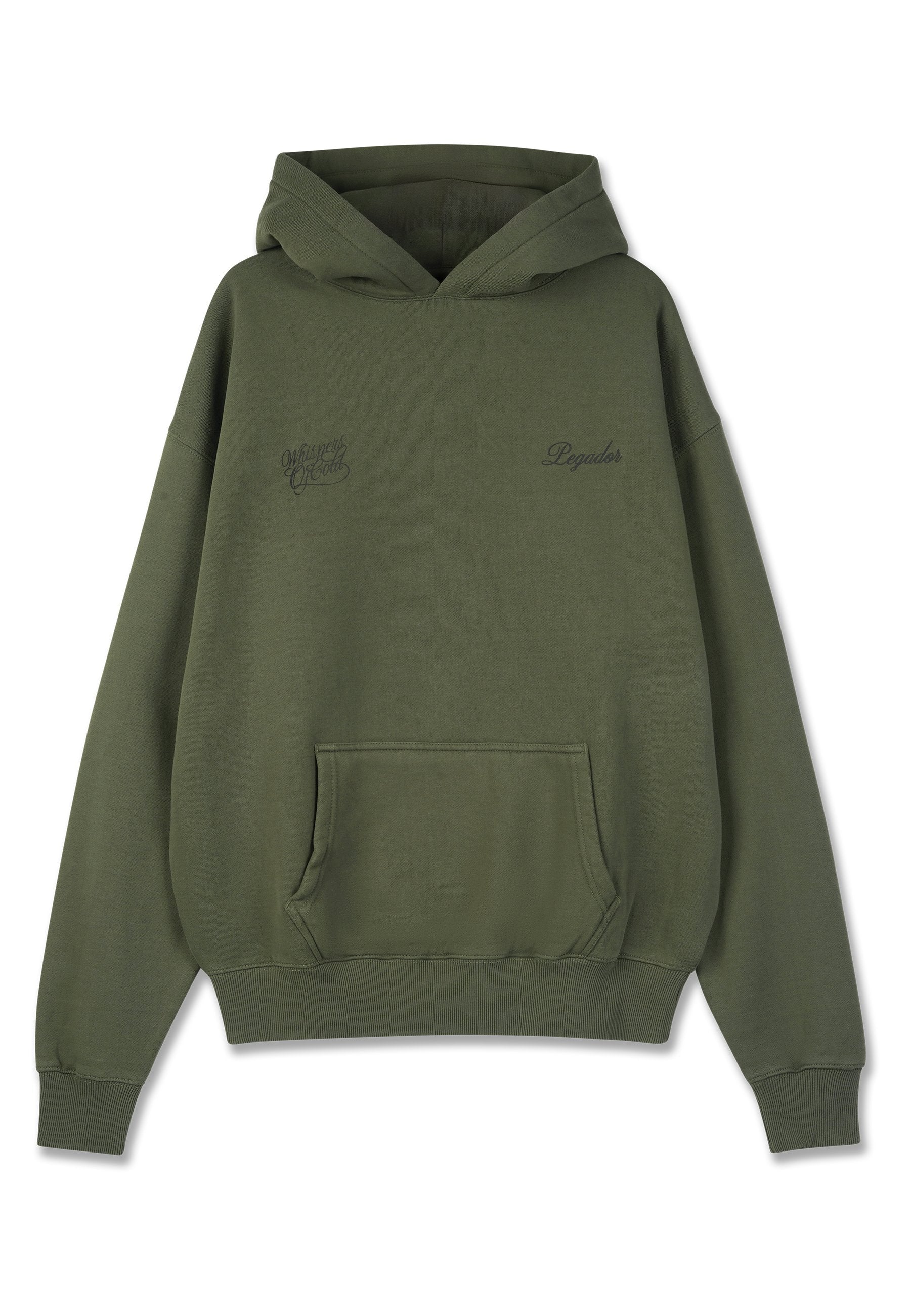 Olivgrüner Hoodie mit Fronttasche, lockerer Passform und gerippten Bündchen. Verfügbar mit besticktem Text auf der Brust. Aus weichem Baumwollgemisch.