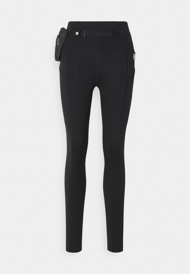 Schwarze Leggings aus elastischem Stoff, mit einem hohen Taillenbund, seitlichen Taschen, einer Reißverschluss-Tasche und einem abnehmbaren Gürtel mit Hardware-Akzenten.