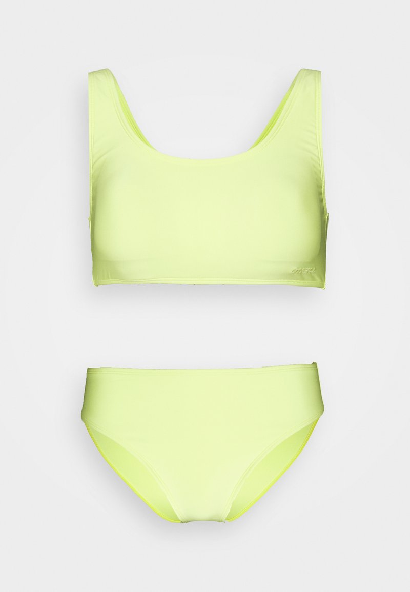 Neon-gelbes Bikini-Set mit einem Scoop-Nacken-Top und niedrig geschnittenen Bottoms, hergestellt aus glattem, elastischem Stoff mit minimalen Nähten.