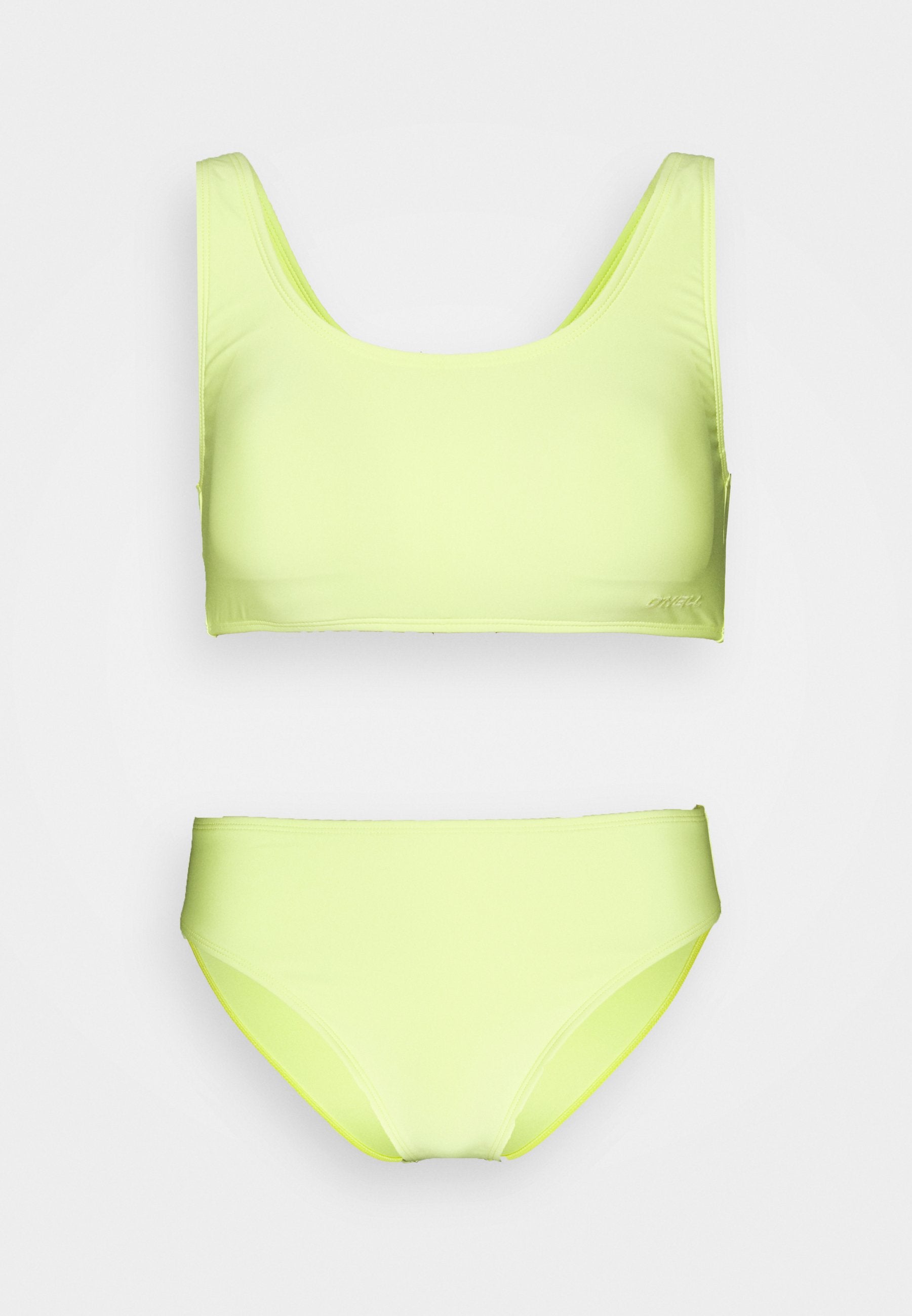Neon-gelbes Bikini-Set mit einem Scoop-Nacken-Top und niedrig geschnittenen Bottoms, hergestellt aus glattem, elastischem Stoff mit minimalen Nähten.