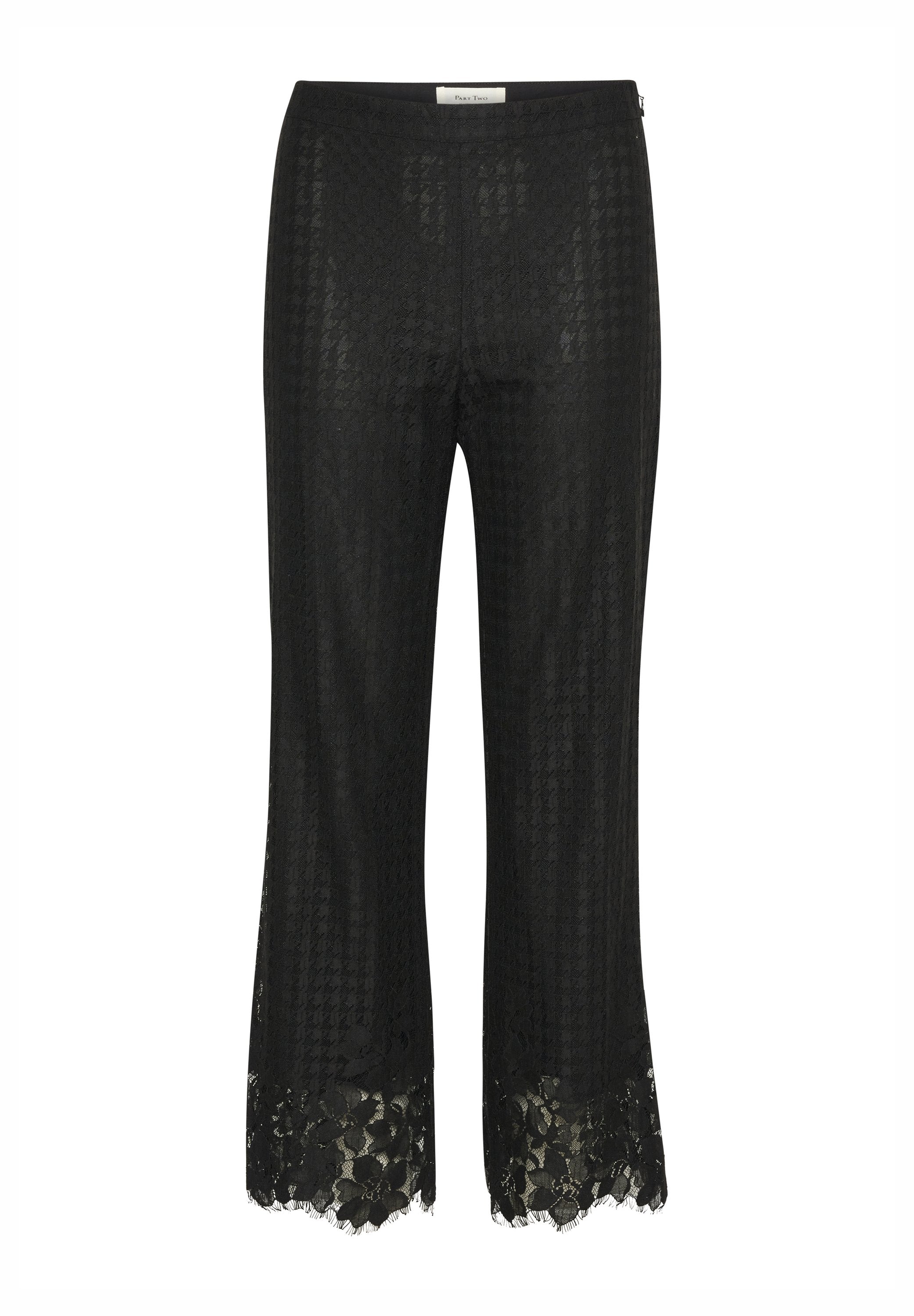 Schwarze Spitzenhosen mit einem strukturierten Muster, featuring einen ausgestellten Saum, der mit floraler Spitzenborte verziert ist. Elastischer Bund für Komfort.
