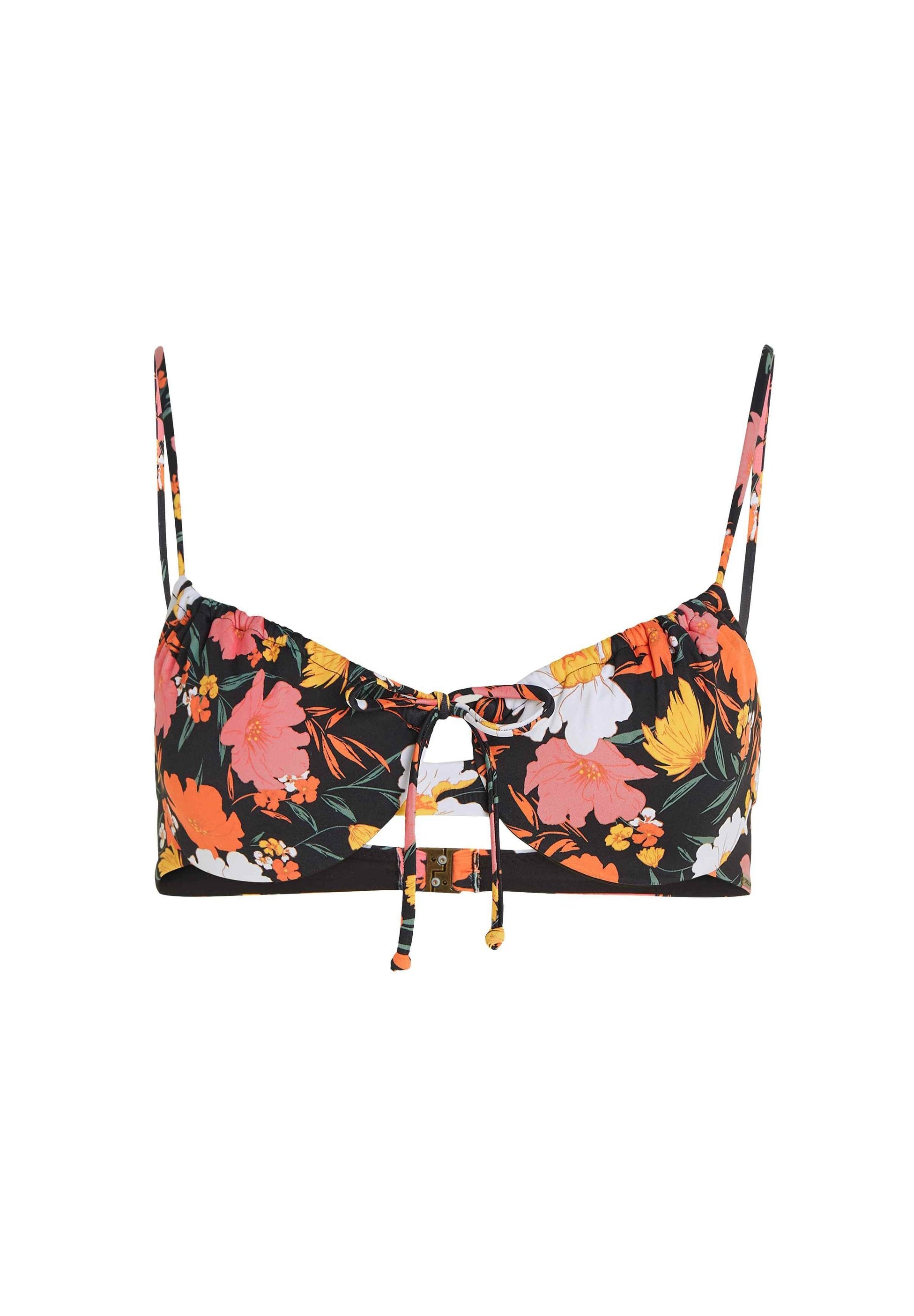 Blumiges Bikini-Top mit verstellbaren Trägern, das eine schwarze Basis mit pinken, orangefarbenen und weißen Blumen sowie einem zentralen Bindedetail aufweist.