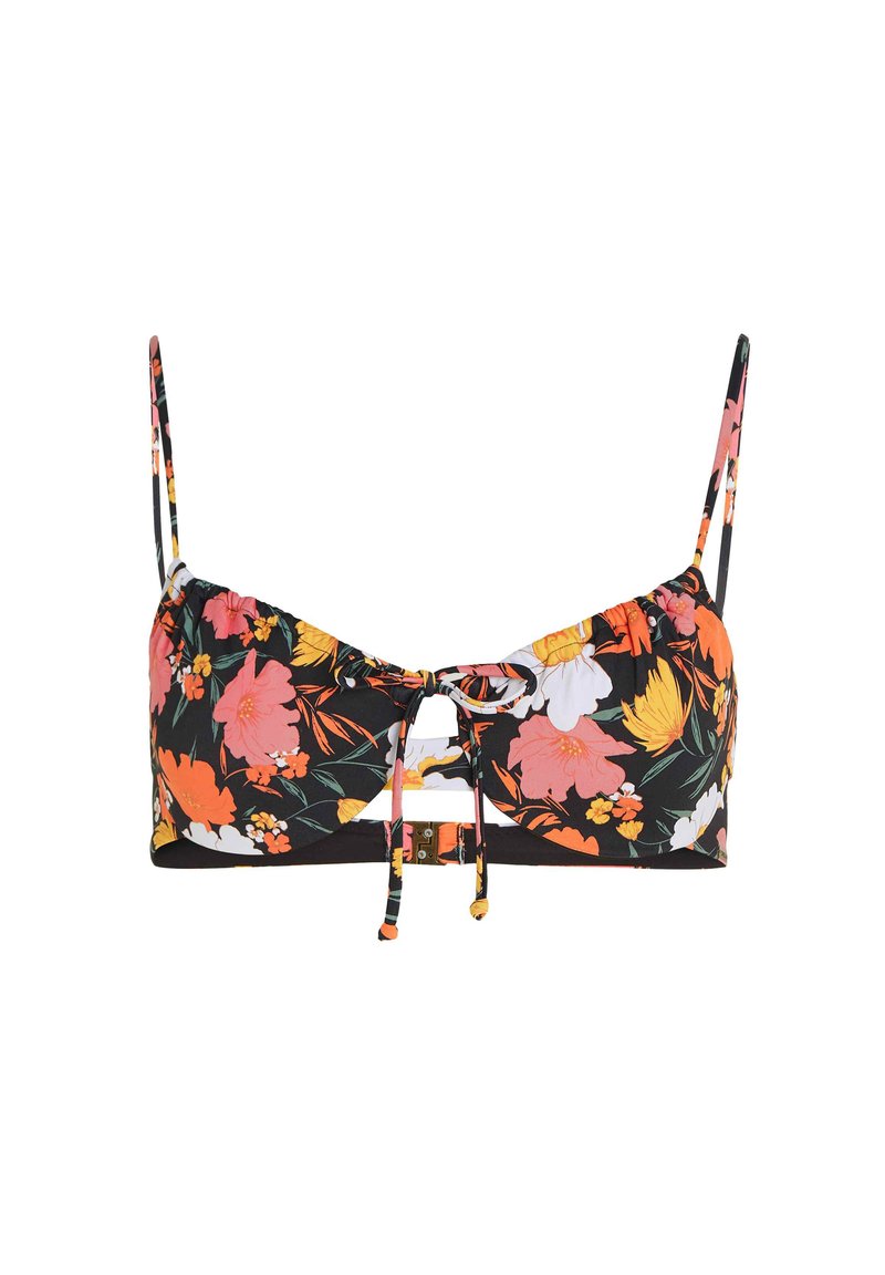 Blumiges Bikini-Top mit verstellbaren Trägern, das eine schwarze Basis mit pinken, orangefarbenen und weißen Blumen sowie einem zentralen Bindedetail aufweist.