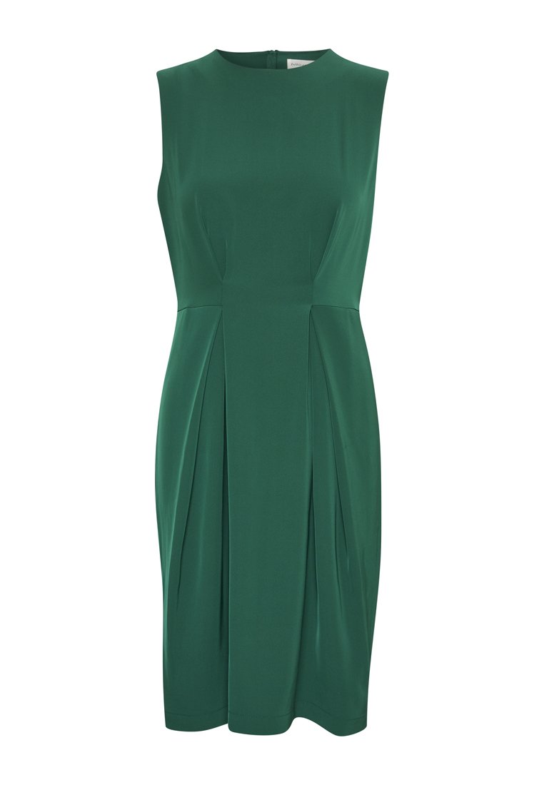 Grünes ärmelloses Kleid mit Rundhalsausschnitt, das vorderseitige Falten und einen glatten, dehnbaren Stoff aufweist. Knielanges Design mit einem verdeckten Reißverschluss.