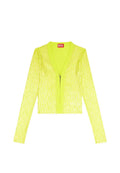 Neon-gelber, verkürzter Cardigan mit langen Ärmeln, geripptem Kragen und vorderem Reißverschluss; weist ein strukturiertes geometrisches Muster auf.