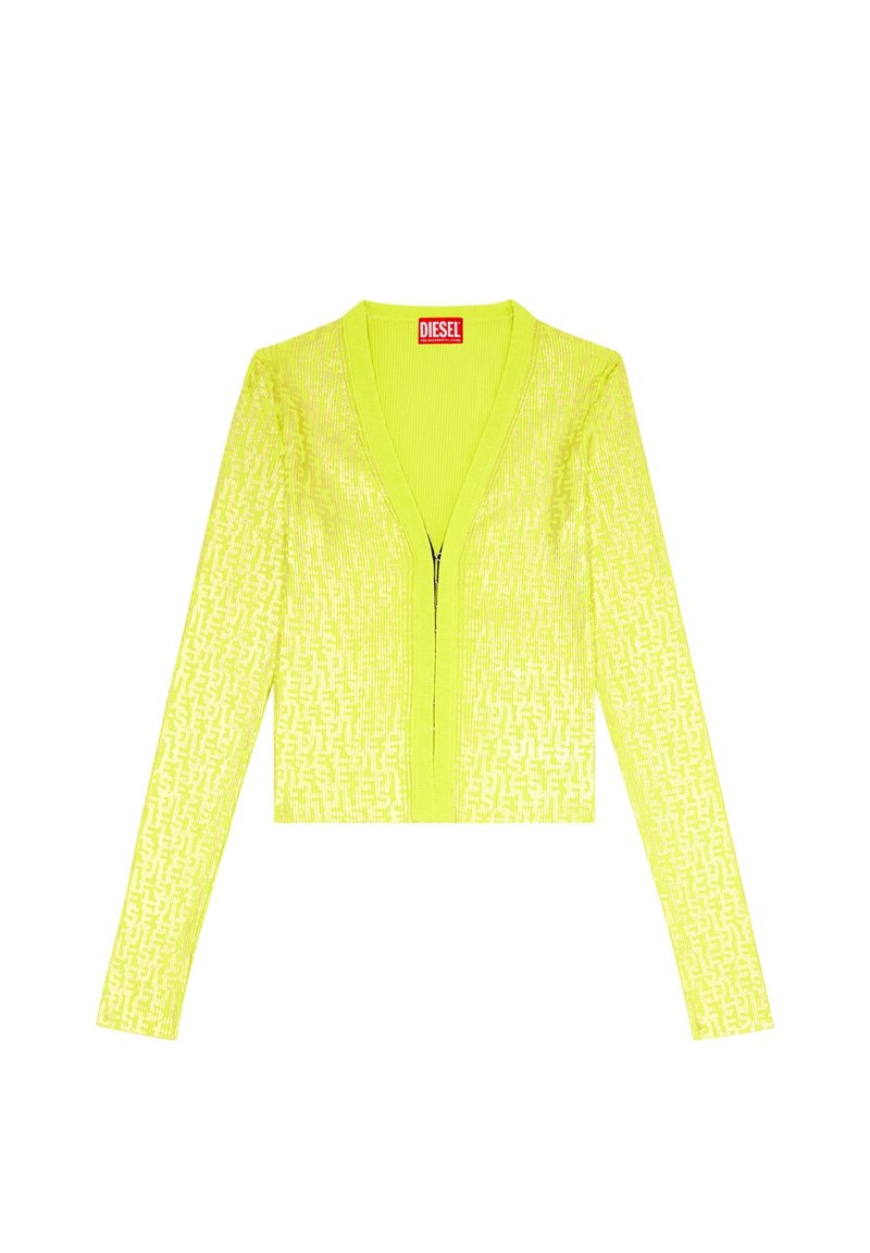 Neon-gelber, verkürzter Cardigan mit langen Ärmeln, geripptem Kragen und vorderem Reißverschluss; weist ein strukturiertes geometrisches Muster auf.