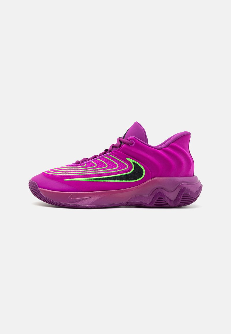 Lila Sport schuh mit gewelltem Muster, grünen und schwarzen Akzenten, weichem Synthetikmaterial und strukturiertem Sohlen.