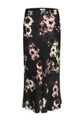 Blumenmuster-Rock in Schwarz mit großen rosa und cremefarbenen Blumen, aus leichtem Stoff, mit ausgestellt geschnittener Saum und elastischem Bund.