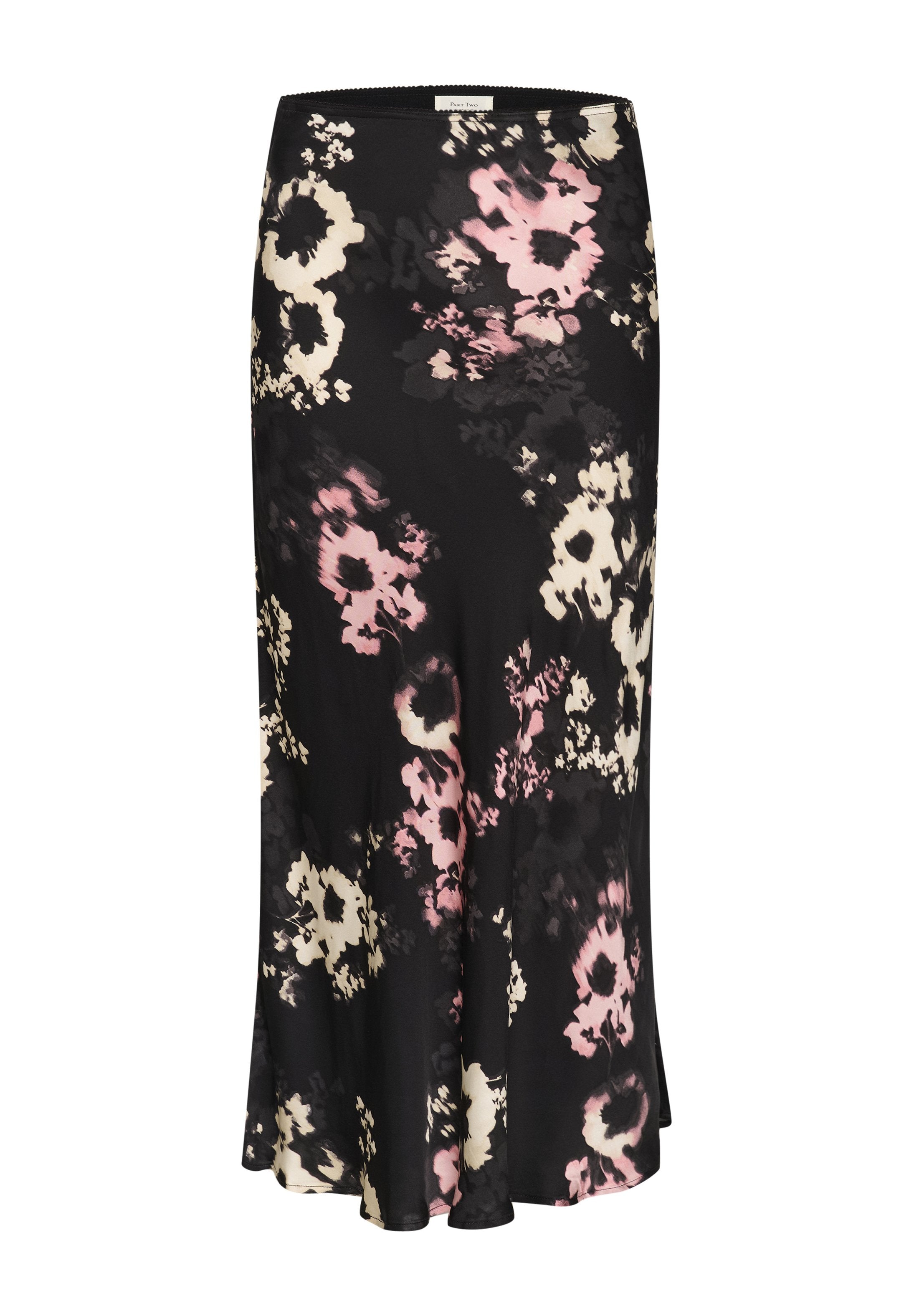 Blumenmuster-Rock in Schwarz mit großen rosa und cremefarbenen Blumen, aus leichtem Stoff, mit ausgestellt geschnittener Saum und elastischem Bund.
