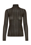 Brauner Langarm-Turtleneck-Pullover mit vertikalen metallischen Streifen, geriffelter Textur und taillierter Silhouette. Flacher Kragen am Hals.