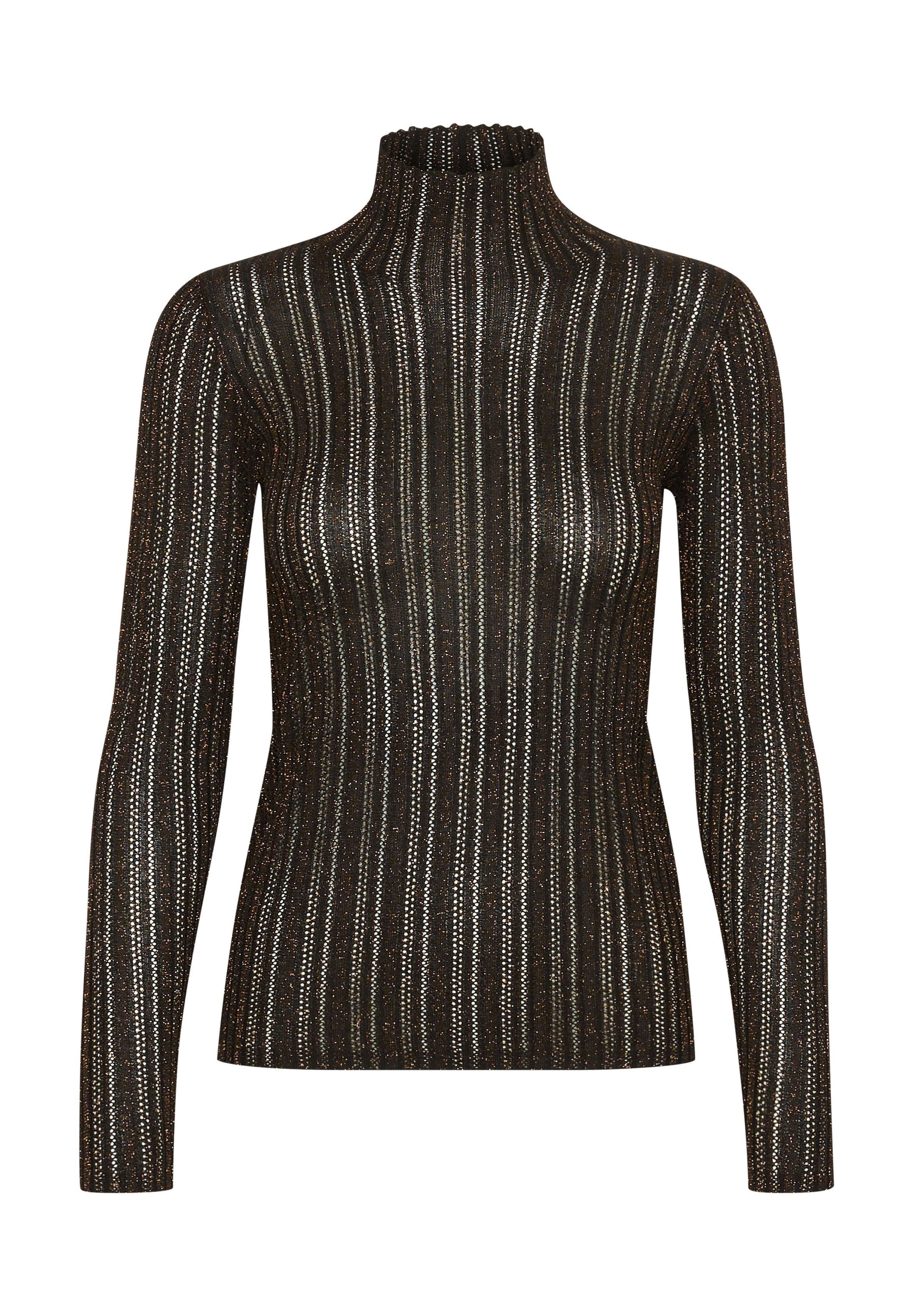 Brauner Langarm-Turtleneck-Pullover mit vertikalen metallischen Streifen, geriffelter Textur und taillierter Silhouette. Flacher Kragen am Hals.