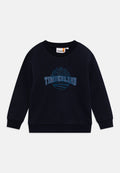 Marineblaues Sweatshirt aus Baumwollmischung mit gerippten Bündchen und Kragen. Es verfügt über ein zentrales Timberland-Logo in hellblau mit grafischen Akzenten.