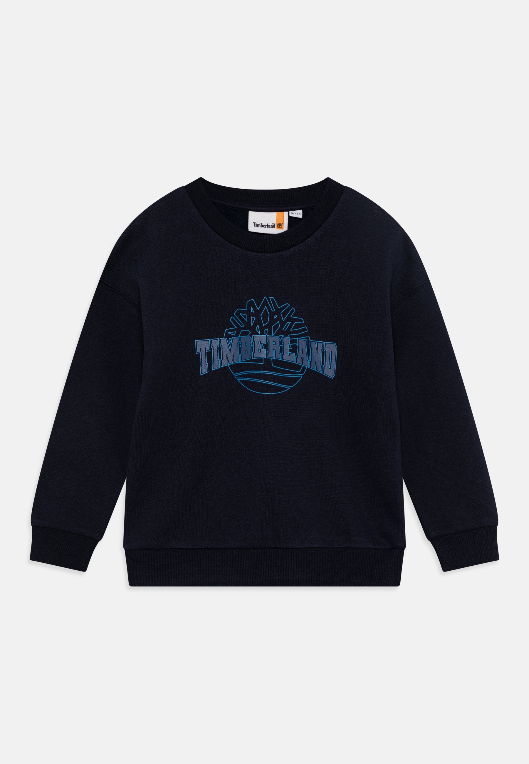 Marineblaues Sweatshirt aus Baumwollmischung mit gerippten Bündchen und Kragen. Es verfügt über ein zentrales Timberland-Logo in hellblau mit grafischen Akzenten.