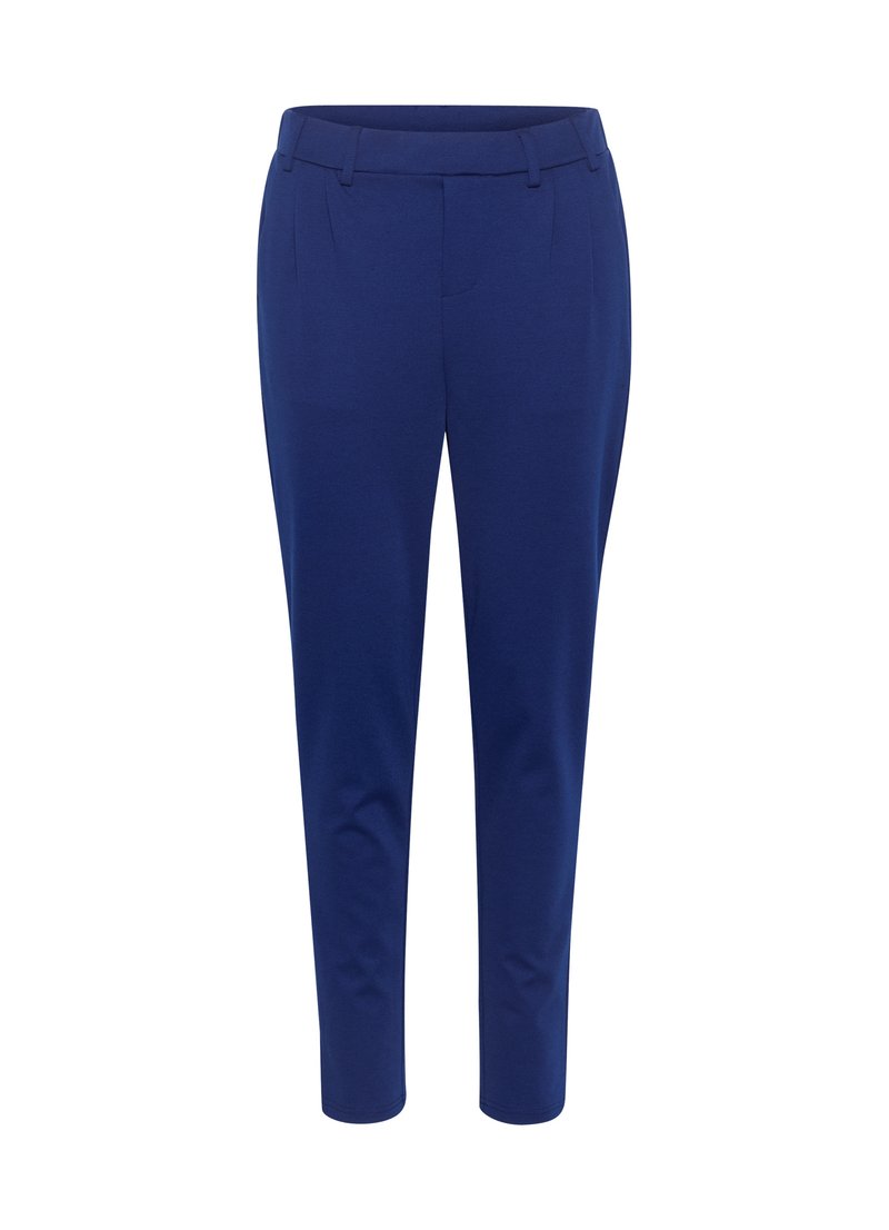 Marineblaue Slim-Fit-Hosen mit Gürtelschlaufen, vorderen Falten und schmal zulaufenden Beinen, präsentiert vor einem weißen Hintergrund.