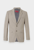 Beige Blazer mit zwei Knöpfen, mit Reverskragen und einer einzelnen Brusttasche. Mit grauem Stoff gefüttert. Subtile gewebte Struktur.