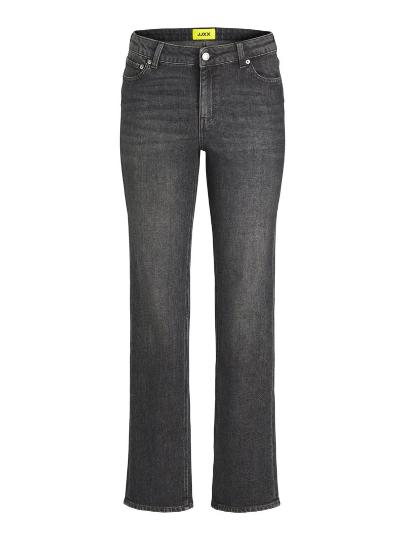 Dunkelgraue Jeans aus Denim mit geradem Beinschnitt, Fünf-Taschen-Stil und gelbem Markenlabel am Taillenbund. Metallknopfverschluss.