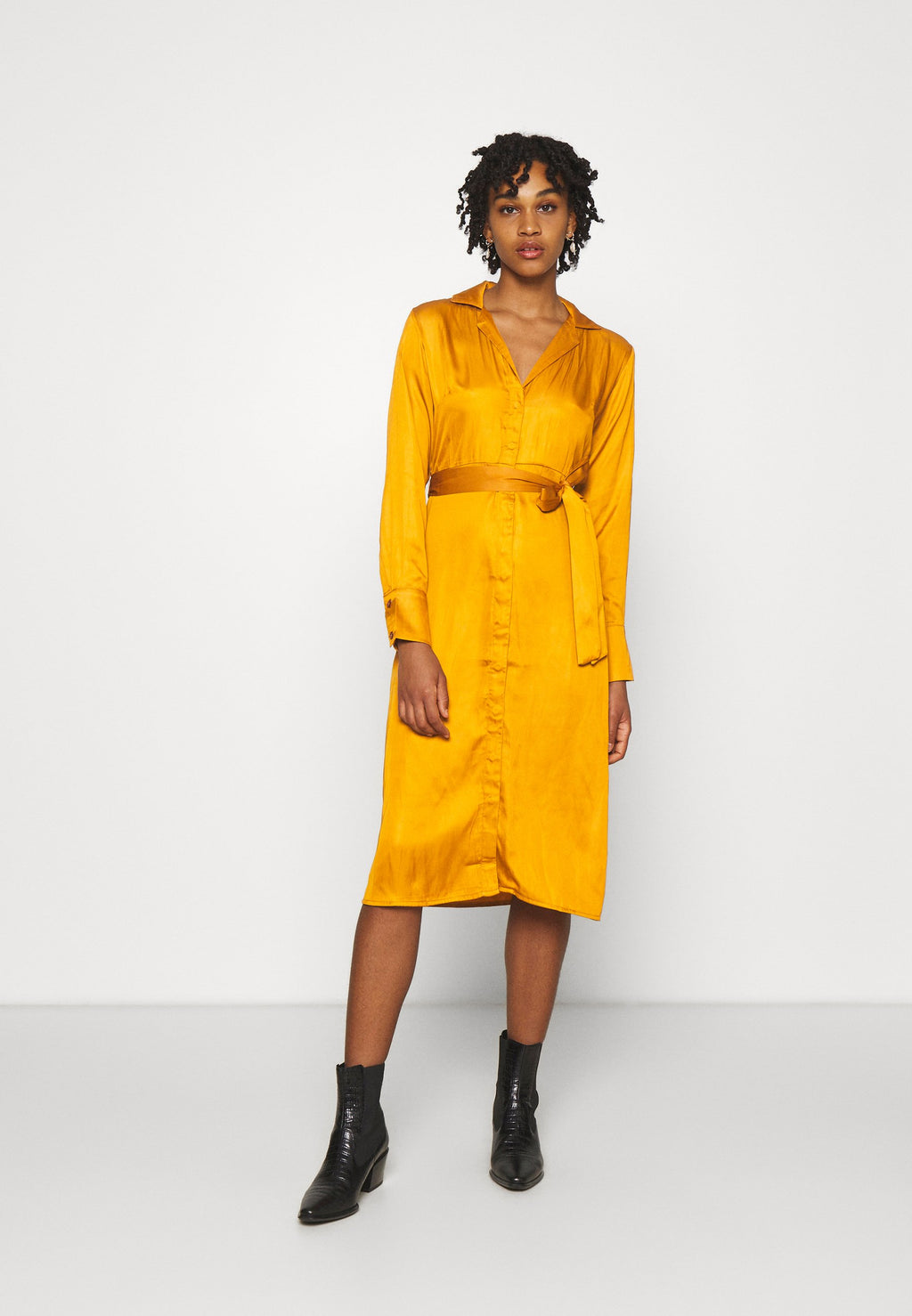 NU-IN BELTED LAPEL COLLAR MIDI DRESS