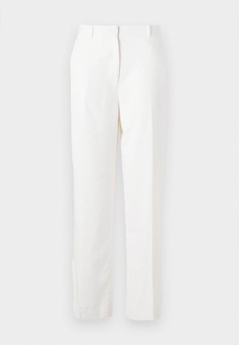 Weiß, gerade geschnittene Hose aus leichtem, leicht strukturiertem Stoff. Verfügt über Fronttaschen und einen einzelnen Bundfalten für zusätzlichen Detail.