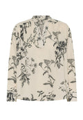 Langärmlige Bluse aus cremefarbenem Stoff mit schwarzem Blumendruck. Entworfen mit einem klassischen Kragen und Falten-Detail am Ausschnitt.