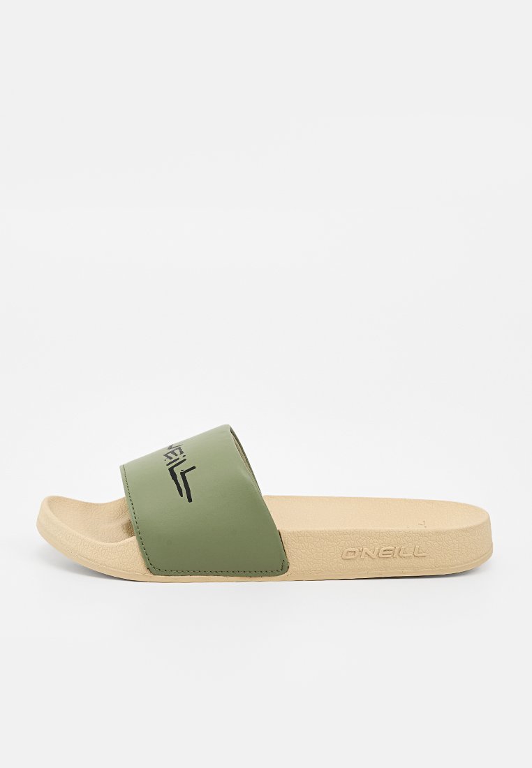 Beige Slidesandale mit konturiertem Fußbett und breitem olivgrünem Riemen mit schwarzem O'Neill-Logo oben.