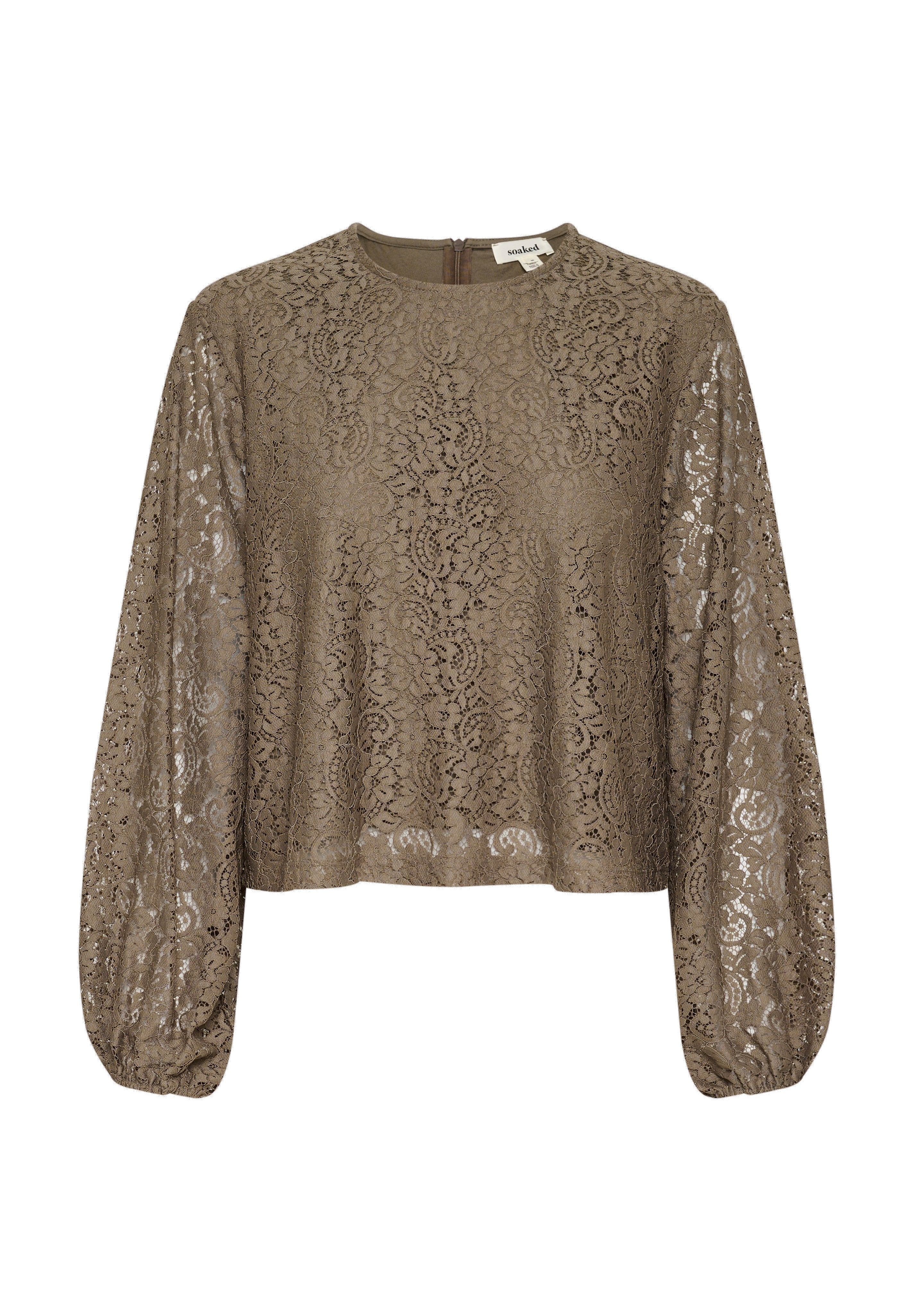 Olivgrüne Spitzenbluse mit langen Puffärmeln, rundem Ausschnitt und subtilen Blumenmuster. Mit einem Reißverschluss auf der Rückseite zum Schließen.
