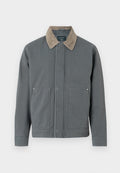 Graue Canvasjacke mit einem Cordkragen, zwei Fronttaschen und einem einfachen Verschluss. Hat eine strukturierte Oberfläche und einen lässigen Schnitt.