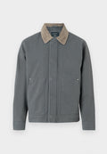 Graue Canvasjacke mit einem Cordkragen, zwei Fronttaschen und einem einfachen Verschluss. Hat eine strukturierte Oberfläche und einen lässigen Schnitt.