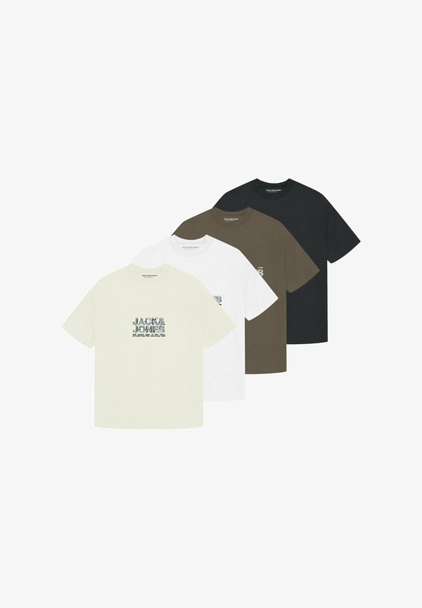 Jack & Jones 4ER PACK  - Print T-shirt - weiß schwarz beige dunkelgrün