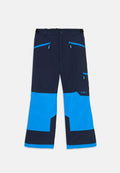 Marineblaue und hellblaue Outdoor-Hosen mit Reißverschlusstaschen, verstellbaren Bundlaschen und CMP-Logo auf der rechten Oberschenkeltasche.