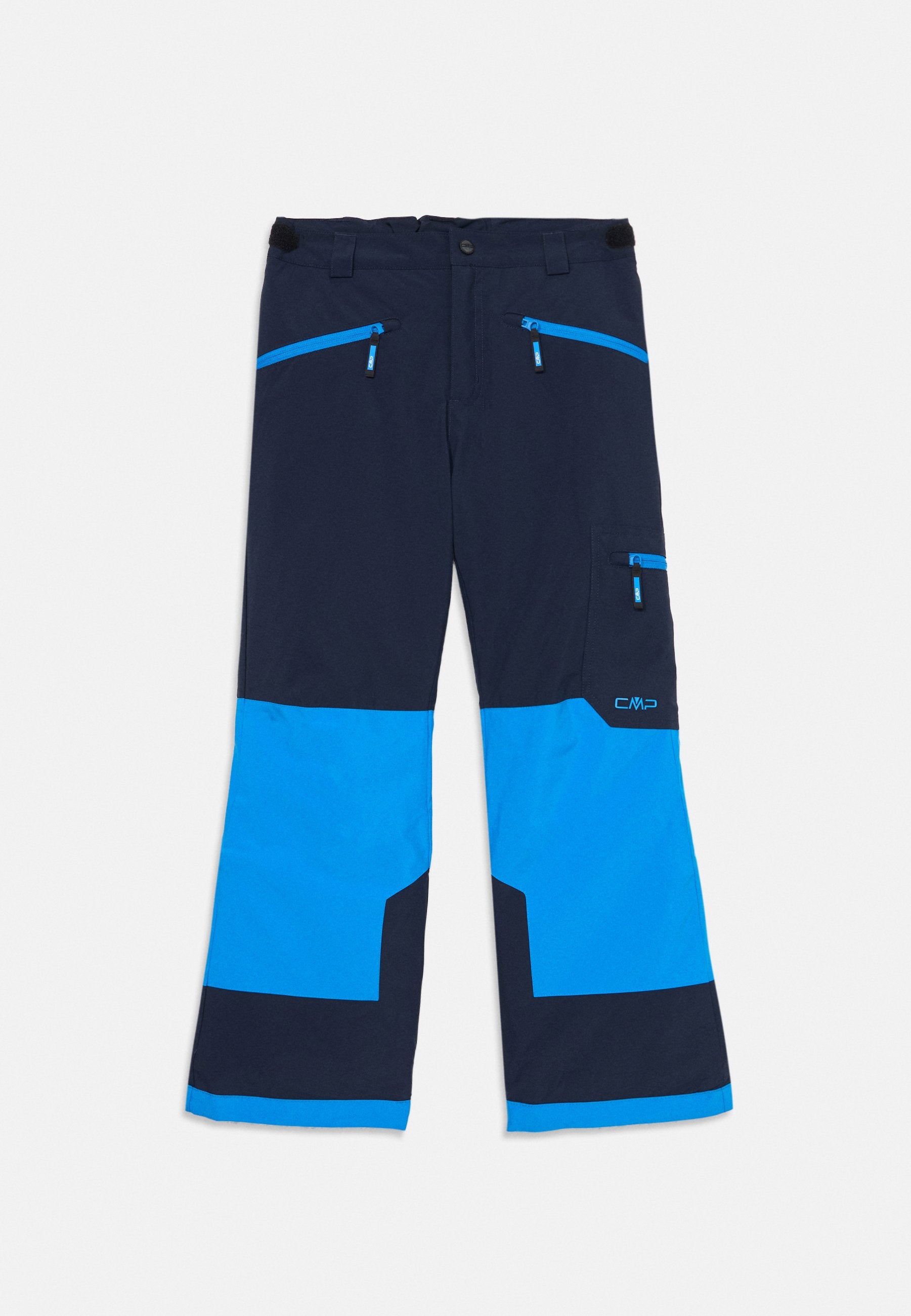 Marineblaue und hellblaue Outdoor-Hosen mit Reißverschlusstaschen, verstellbaren Bundlaschen und CMP-Logo auf der rechten Oberschenkeltasche.