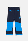 Marineblaue und hellblaue Outdoor-Hosen mit Reißverschlusstaschen, verstellbaren Bundlaschen und CMP-Logo auf der rechten Oberschenkeltasche.