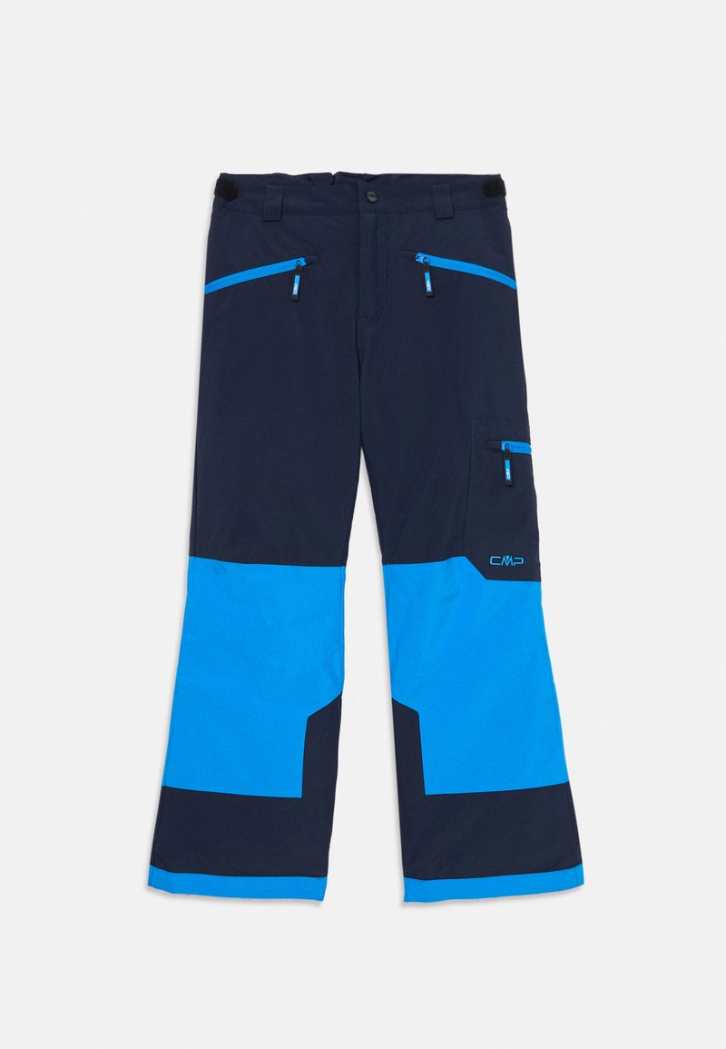 Marineblaue und hellblaue Outdoor-Hosen mit Reißverschlusstaschen, verstellbaren Bundlaschen und CMP-Logo auf der rechten Oberschenkeltasche.