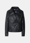 Schwarze Motorradjacke aus Leder mit Reißverschluss vorne, zwei Brusttaschen, Druckknopfbeschlägen und kariertem Futter.