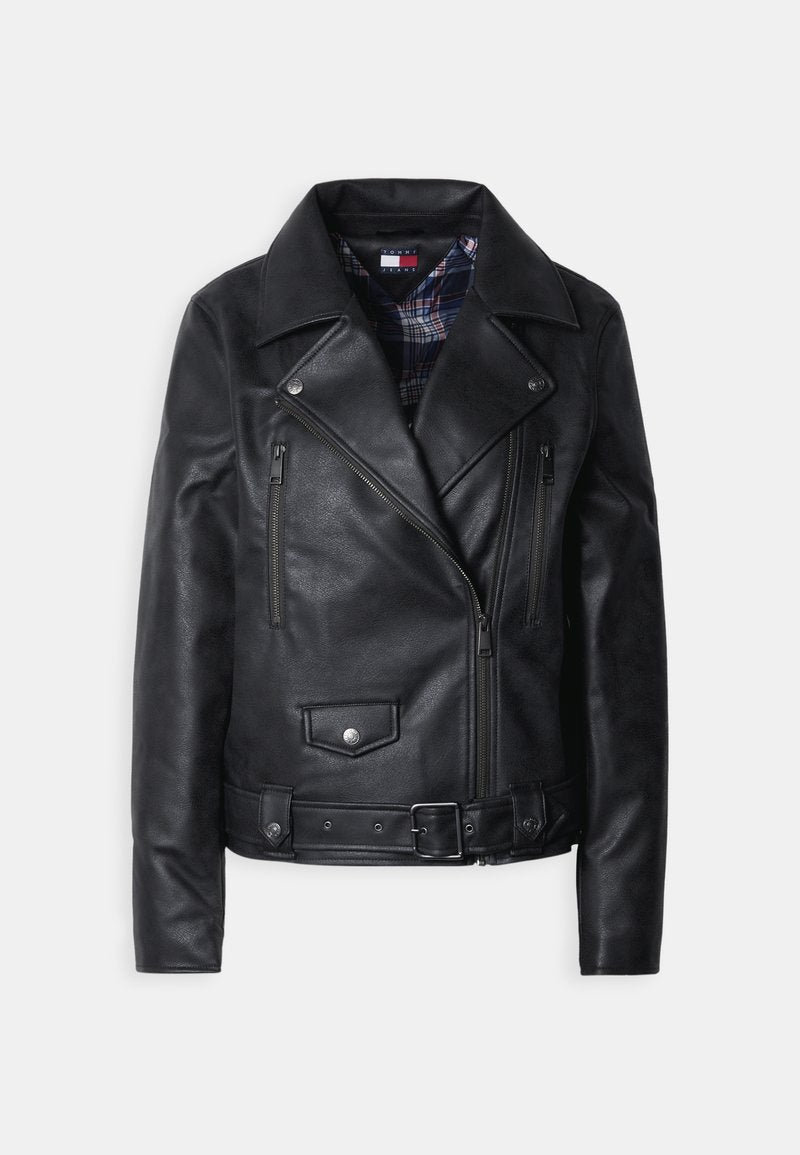 Schwarze Motorradjacke aus Leder mit Reißverschluss vorne, zwei Brusttaschen, Druckknopfbeschlägen und kariertem Futter.